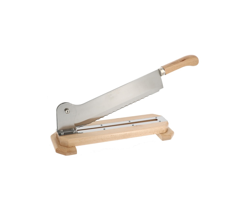 Mallard Ferrière Bread cutter on varnished wood base — Blade length: 350mm — 01402