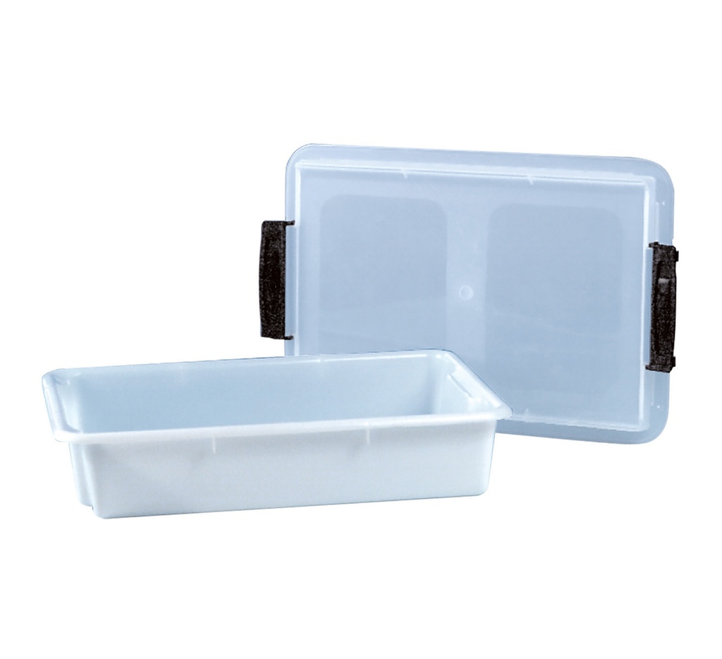 Mallard Ferrière Stackable plastic container with transparent lid — Length: 530 mm; Width: 395 mm; Height: 100 mm; Capacity: 17 L — 01828
