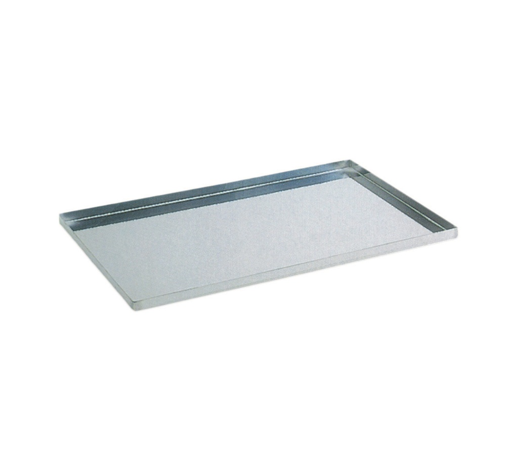 Mallard Ferrière Stainless steel baking sheet with straight raised edges — Length: 600 mm; Width: 400 mm; Height: 20 mm; Thickness: 1.2 mm — 11690
