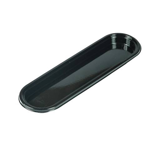 Mallard Ferrière Black oval plastic serving trays, pack of one hundred — Individual tray external length: 160 mm; Individual tray external width: 48 mm; Individual tray internal length: 143 mm; Individual tray internal width: 33 mm — 11203