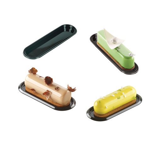 Mallard Ferrière Black mini oval plastic serving trays, pack of one hundred — Individual tray length: 102 mm; Individual tray width: 42 mm; Individual tray height: 5 mm — 11303